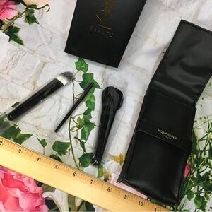 YSL Beaute Small Black Makeup Faux leather Pouch with three (3) brushes 3” x 6”